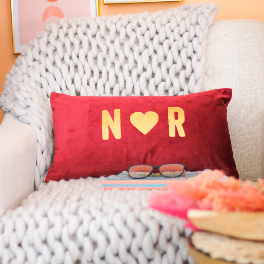 Personalised Initials Heart Velvet Cushion Couples Gift