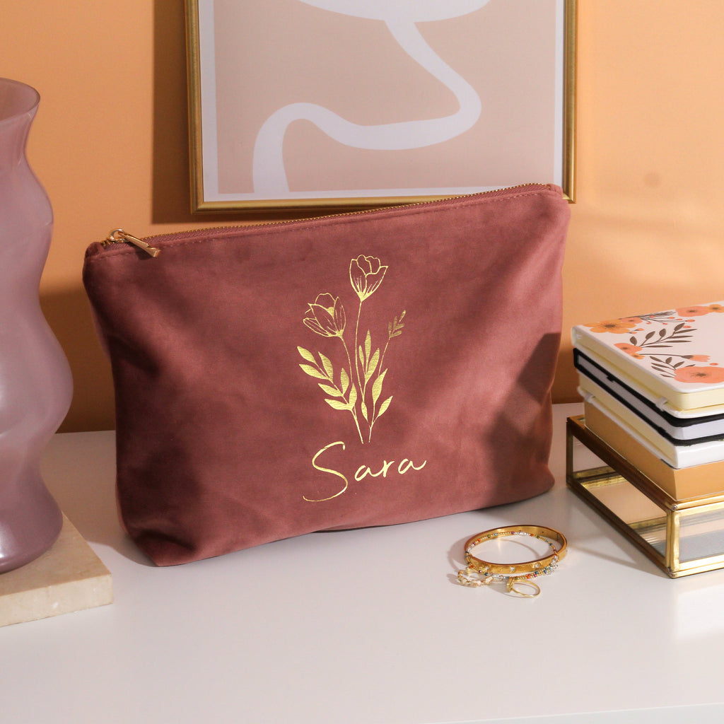 Personalised Flowers Velvet Make Up Or Jewellery Travel Bag Gift For Her