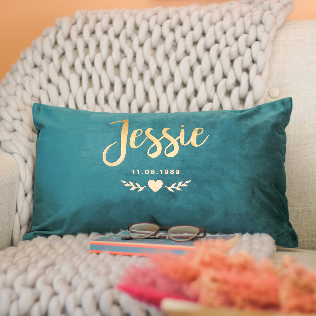 Personalised Floral Heart Name Velvet Cushion For Her