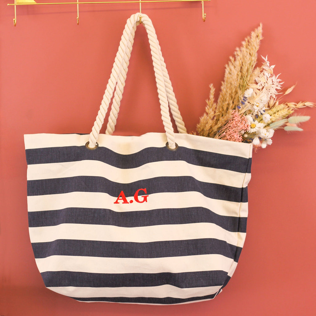 Personalised Embodied Stripy Beach Bag With Initials