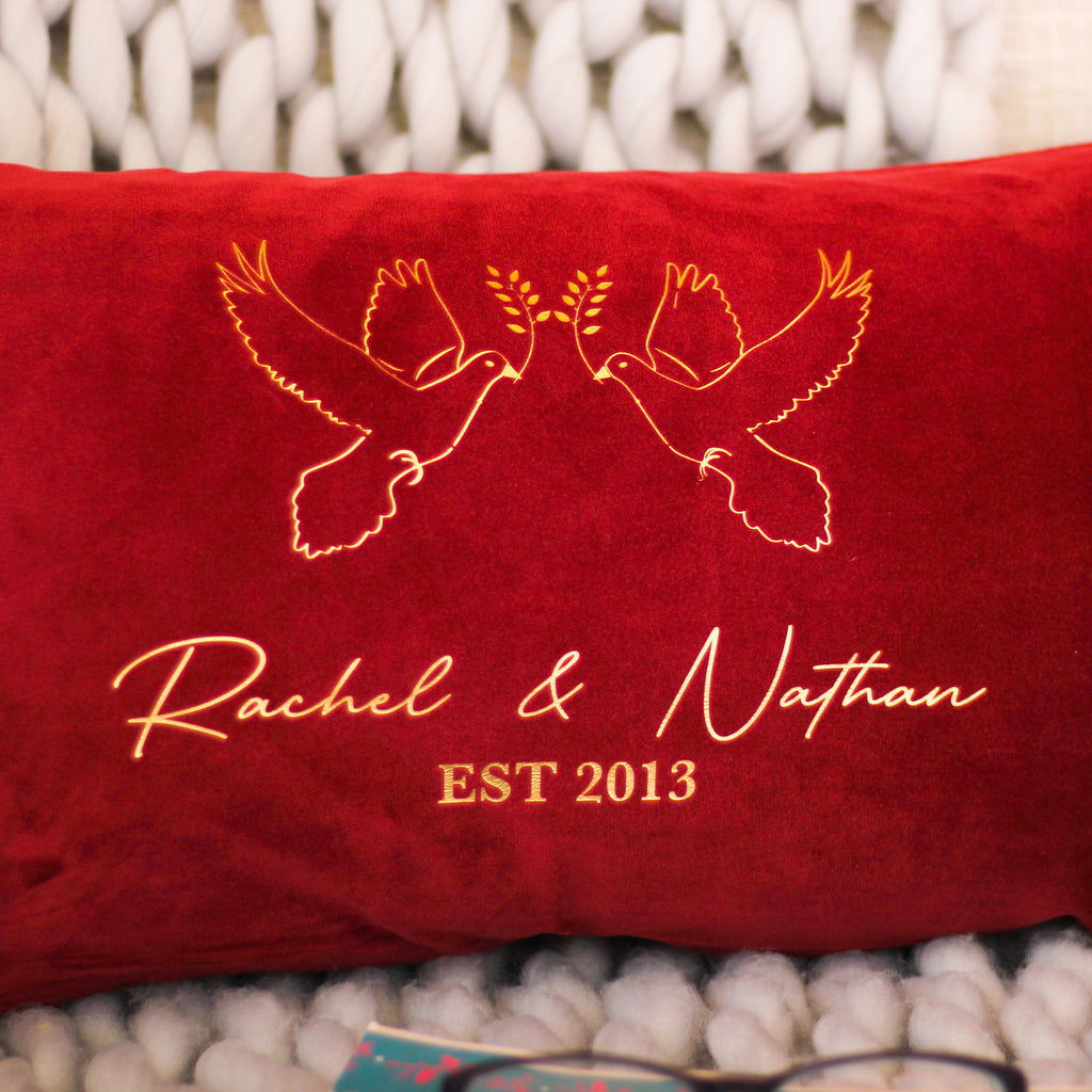 Personalised Doves Couples Velvet Cushion Wedding Gift