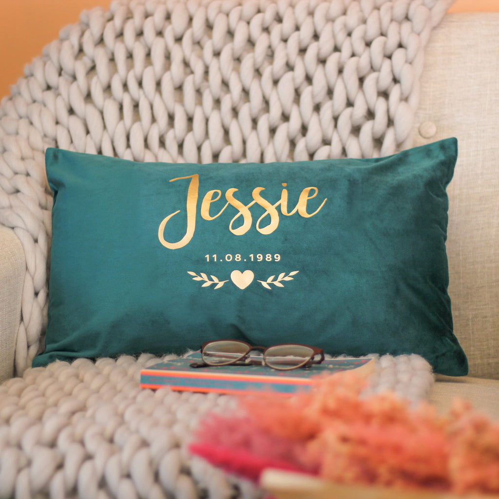 Personalised Floral Heart Name Velvet Cushion For Her