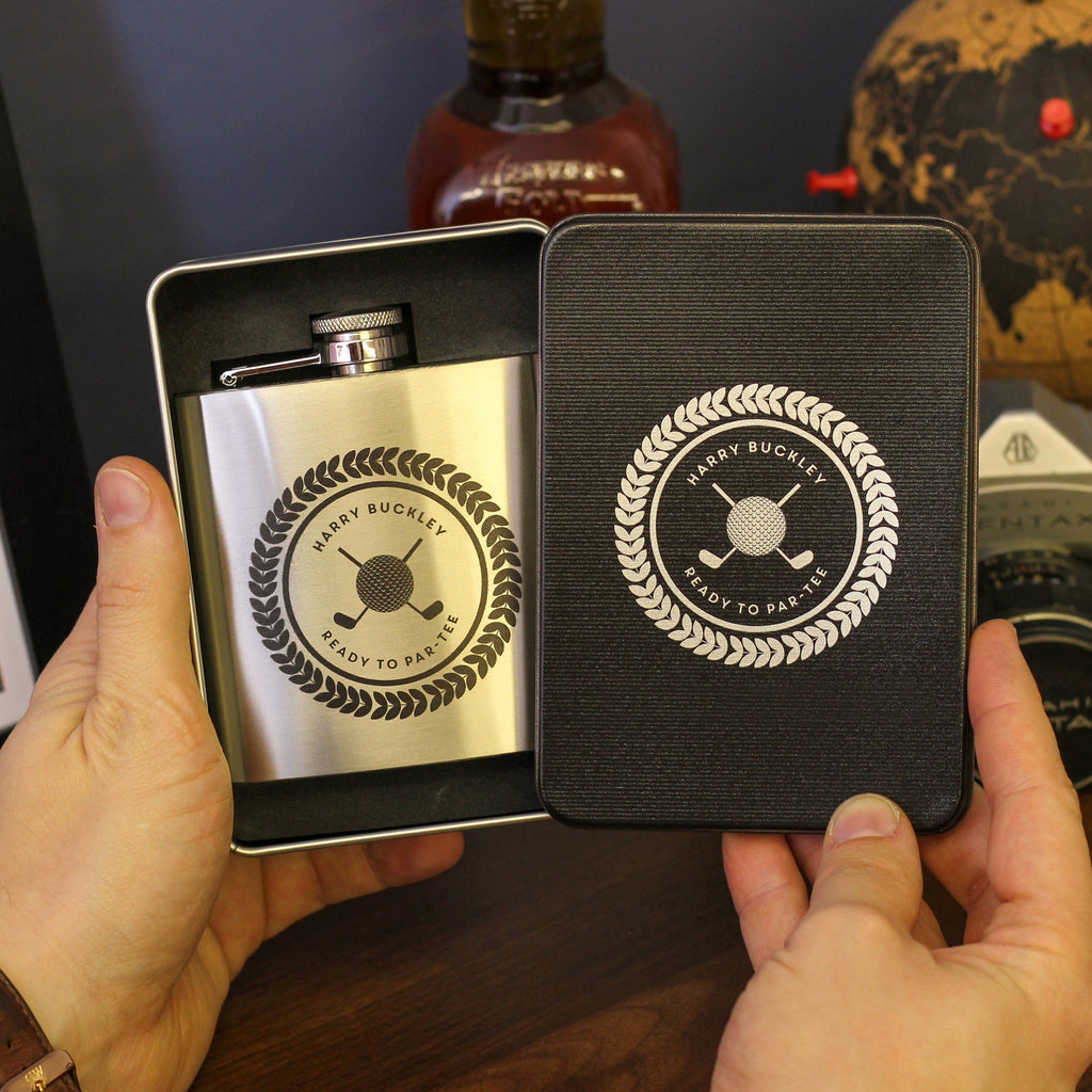 Personalised Golf Hip Flask Tin With Matching Tin
