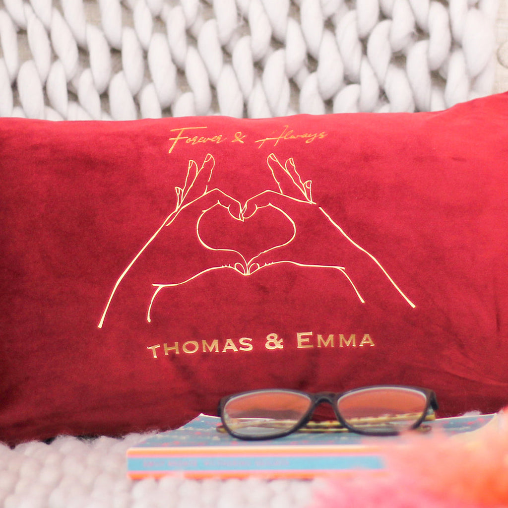 Personalised Heart Hands Couples Names Velvet Cushion