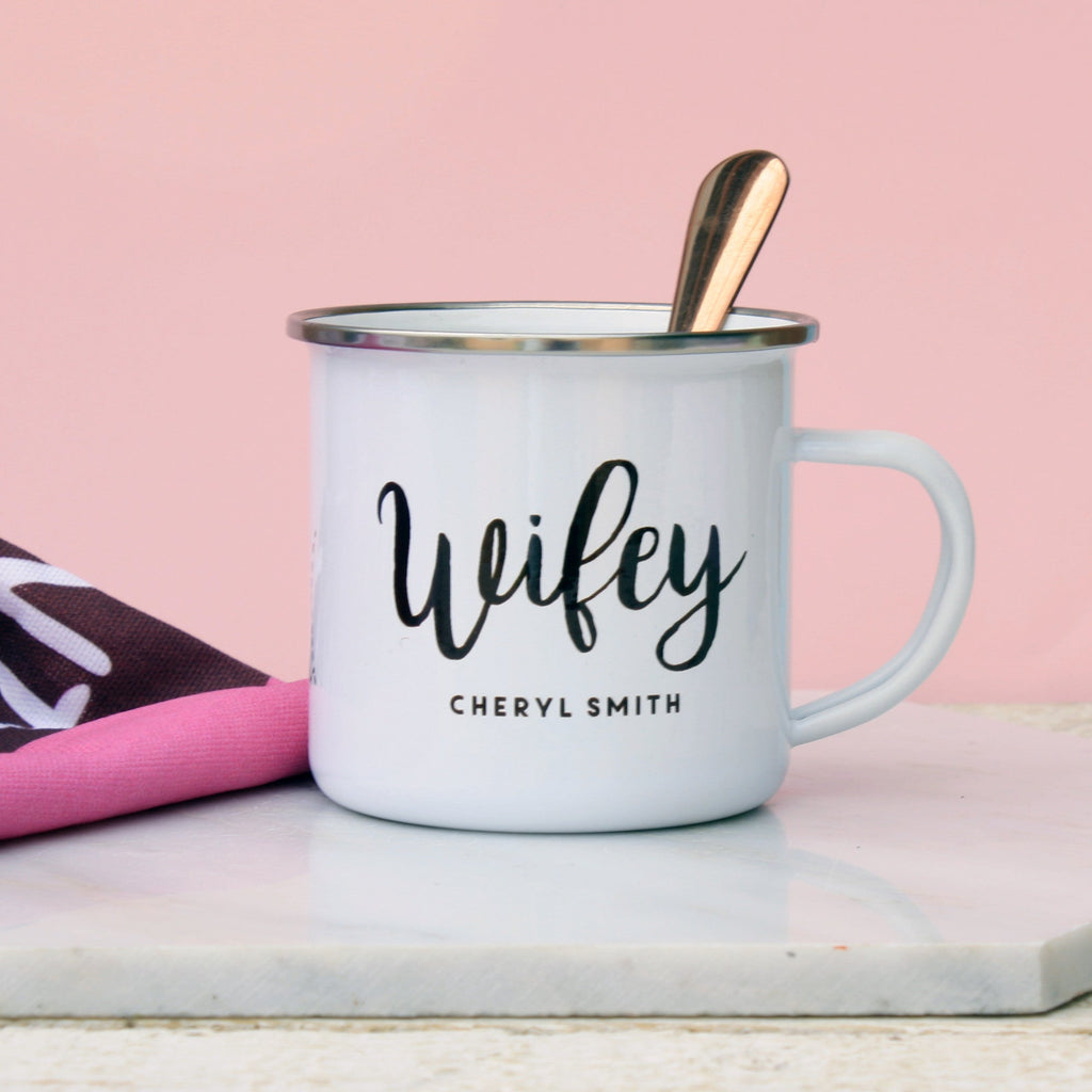 Personalised Hubby And Wifey Enamel Mug