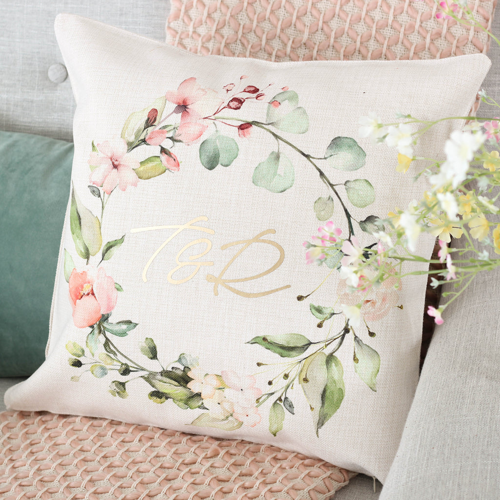 Personalised Floral Wreath Metallic Cushion