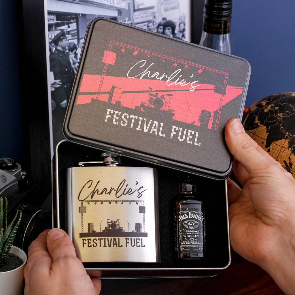 Personalised Festival Fuel Hip Flask Whiskey Tin Gift