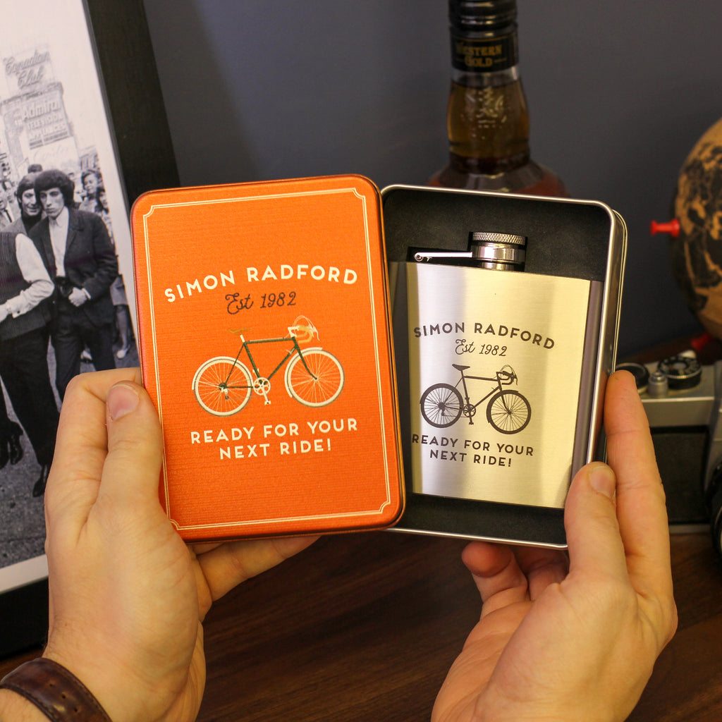 Personalised Retro Bike Hip Flask Tin With Matching Tin