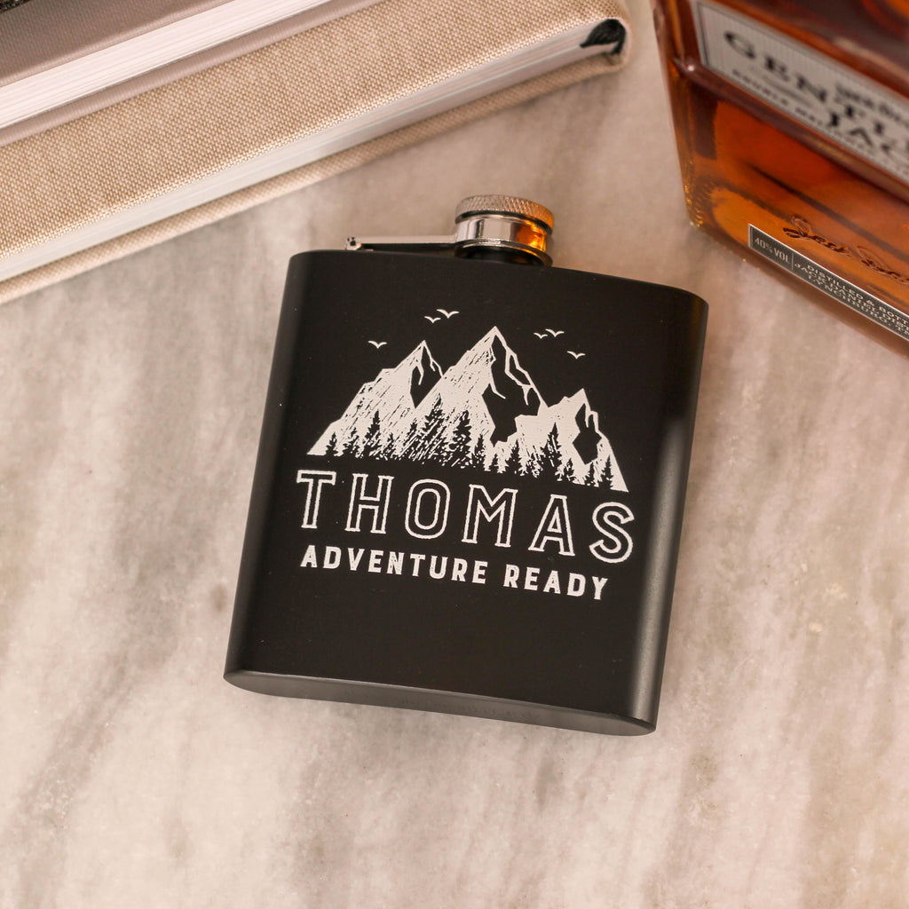 Personalised Mountains Adventure Hip Flask Travel Gift