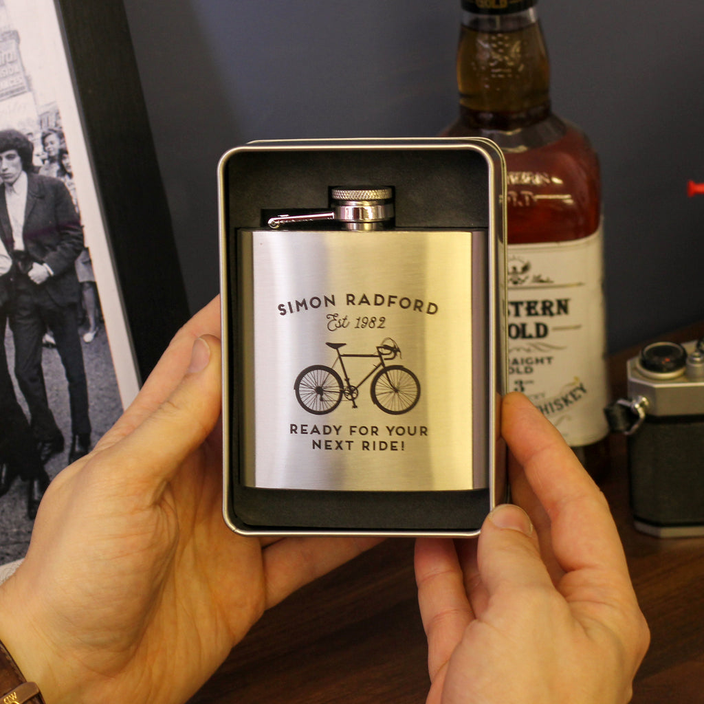 Personalised Retro Bike Hip Flask Tin With Matching Tin