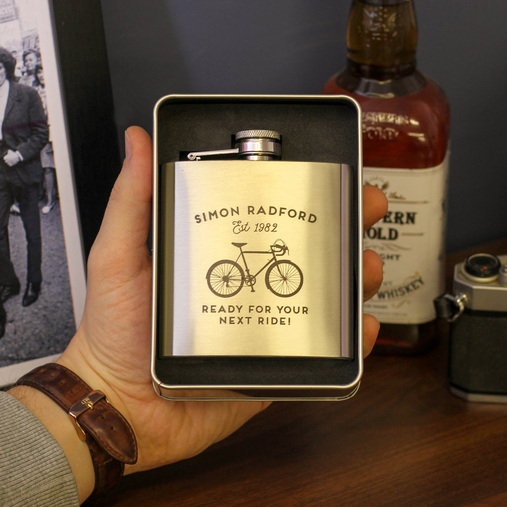 Personalised Retro Bike Hip Flask Tin With Matching Tin