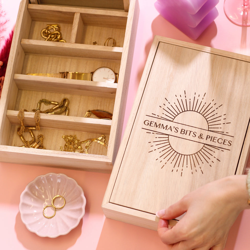 Personalised Sun Wooden Jewellery Case With Mirror
