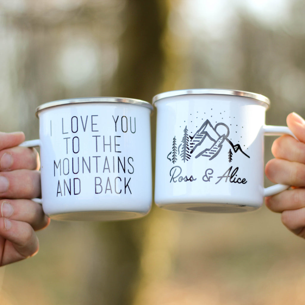 Personalised Love You To The Mountains And Back Enamel Mug