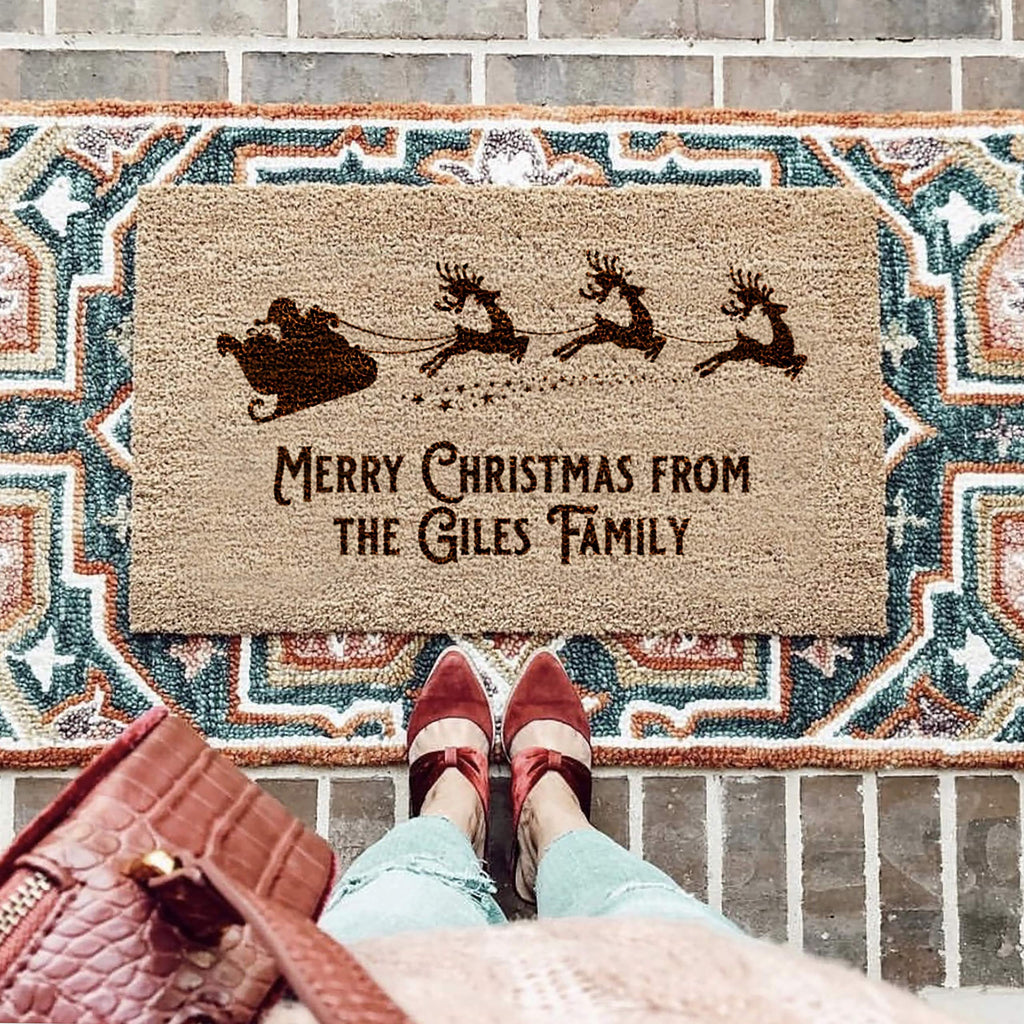 Personalised Santa's Sleigh Family Door Mat for Christmas
