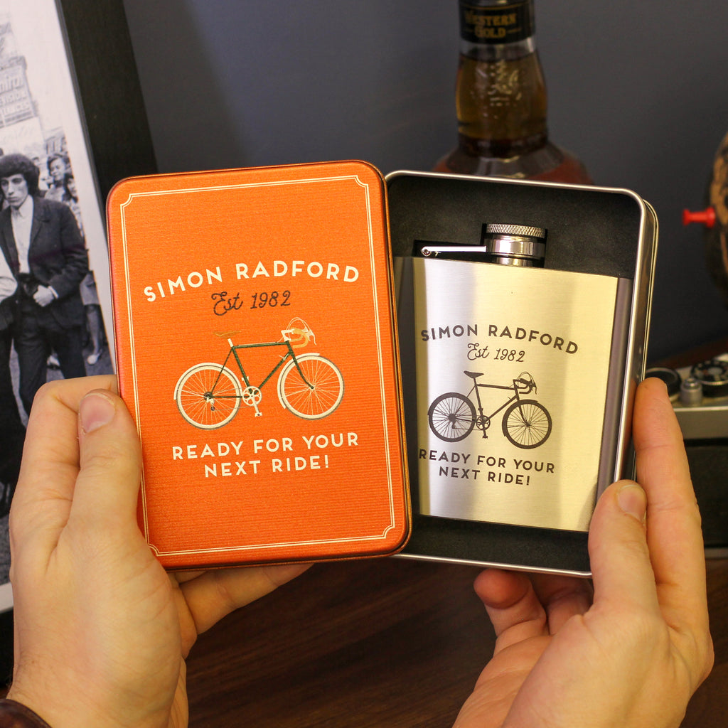 Personalised Retro Bike Hip Flask Tin With Matching Tin