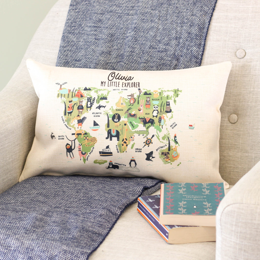 Personalised Little Explorer Kids Room Map Cushion