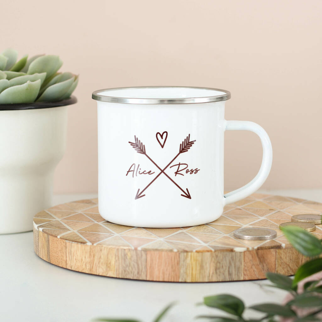 Personalised Couples Heart And Arrows Enamel Mug